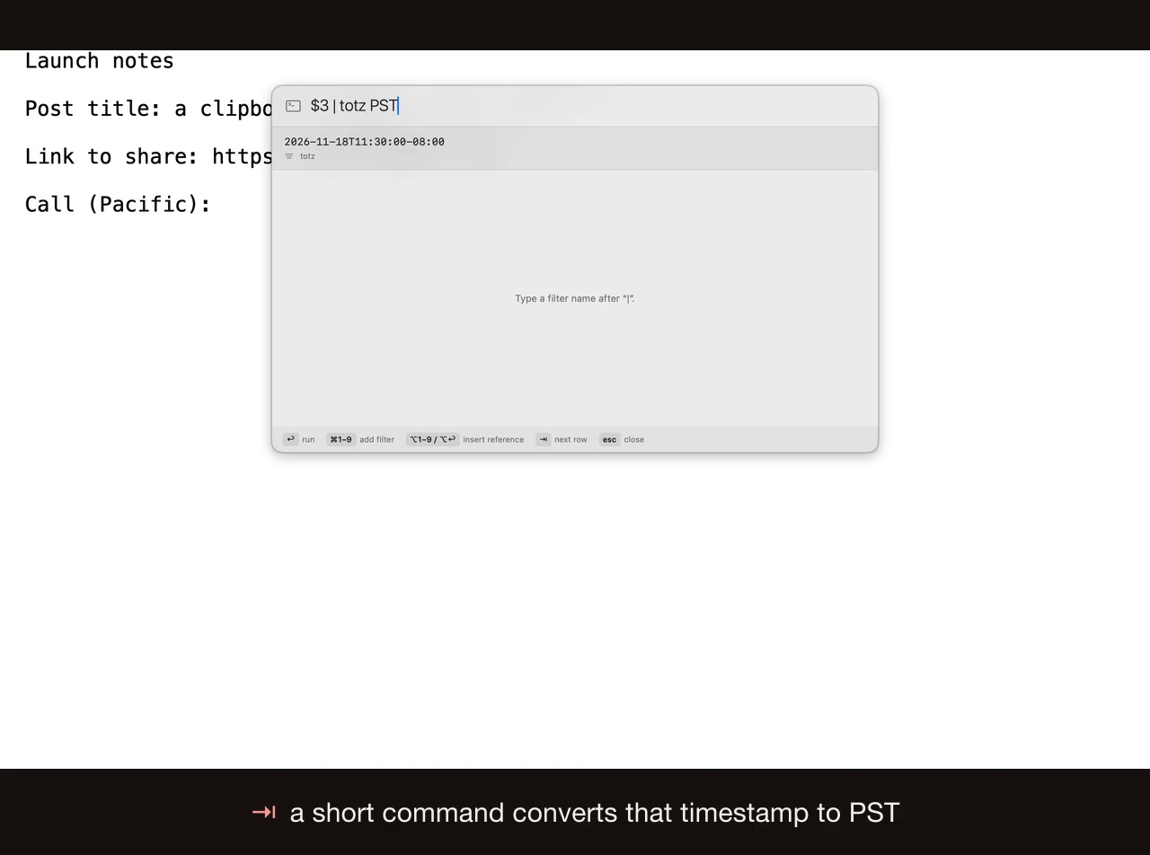 The PasteDaemon search bar with the command &ldquo;$3 | totz PST&rdquo; half typed, and the converted timestamp already showing on the row above it.